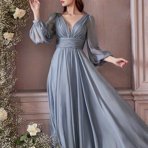 SMOKEY BLUE LONG SLEEVE CHIFFON PARTY MOTHER OF BRIDE EVENING PROM DRESS cd0192